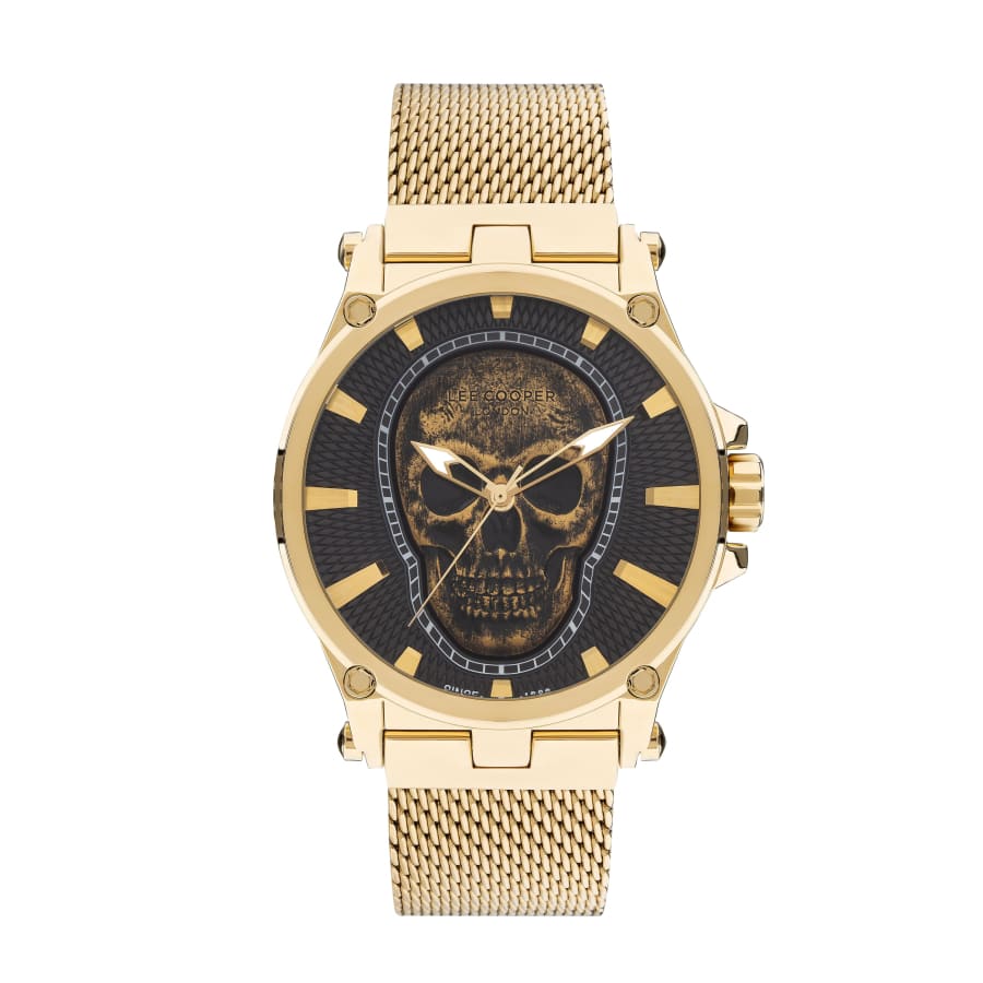 Lee Cooper Men’s Gold Analog Skull Dial Mesh Strap Watch –