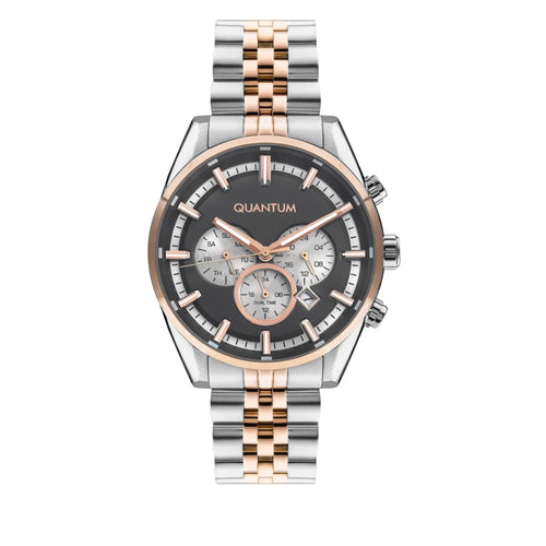 Quantum Men’s Rose Gold Dual Time Gun Dial Watch –