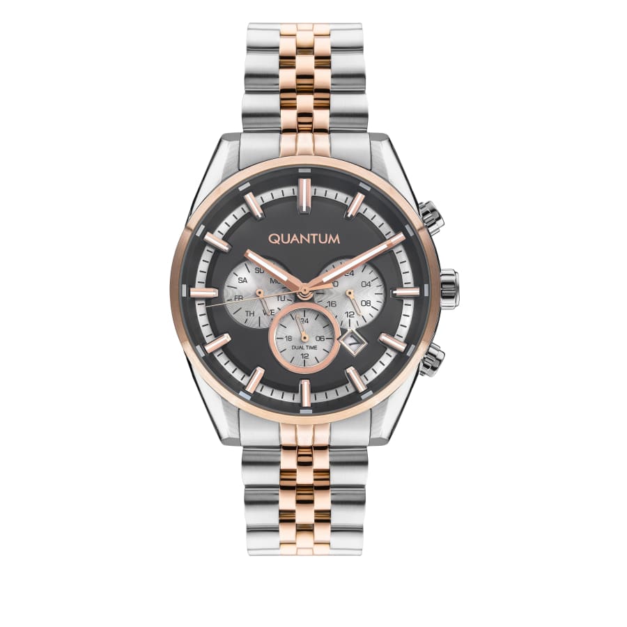 Quantum Men’s Rose Gold Dual Time Gun Dial Watch –